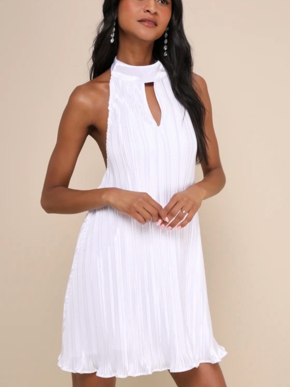 Pretty Aura White Satin Plisse Mock Neck Mini 
Dress